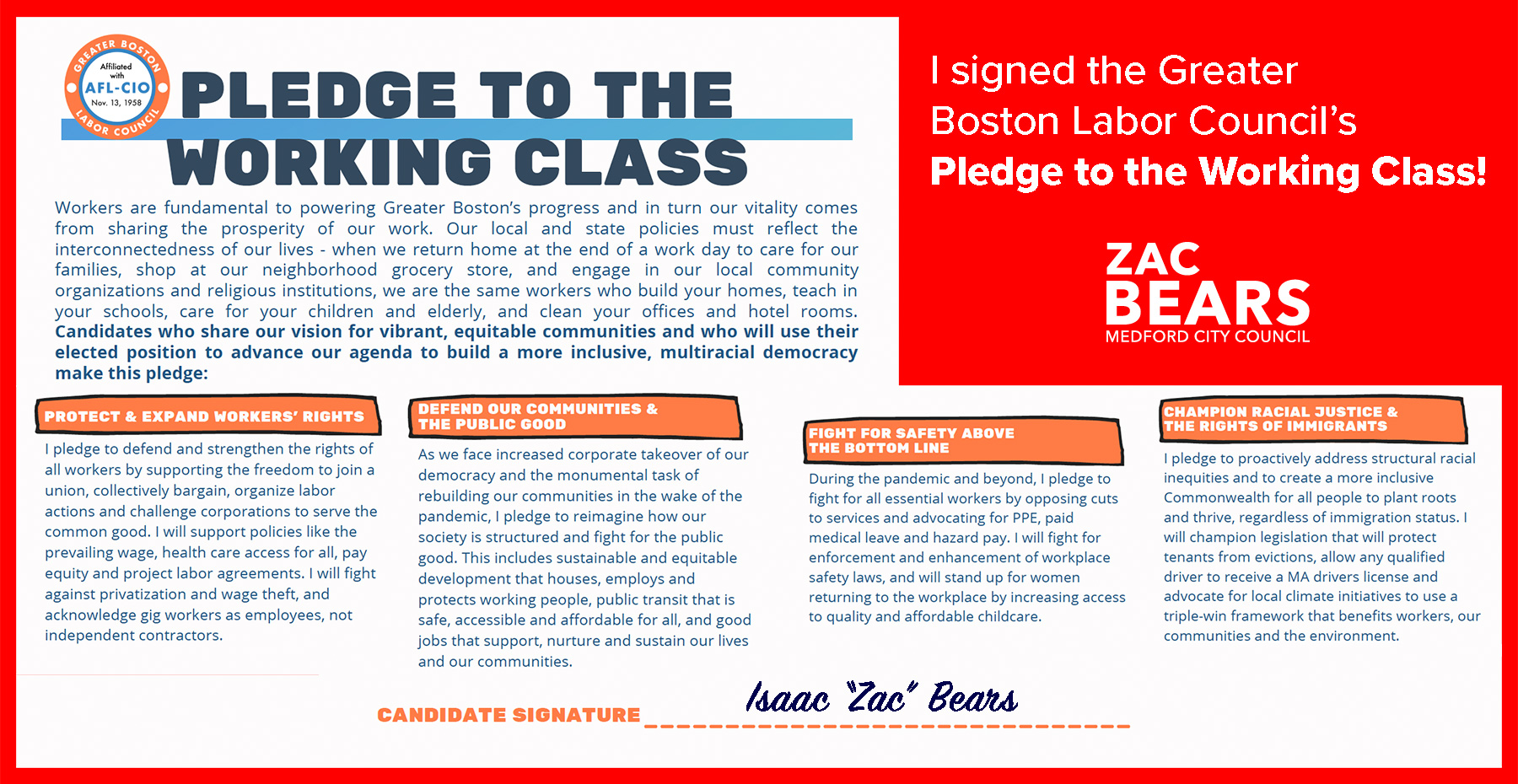 Zac Signs GBLC Pledge to the Working Class